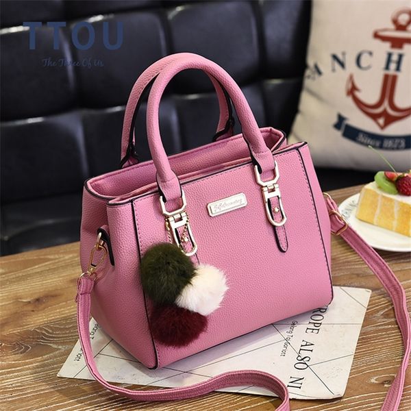 

fashion hair ball deco women handbag female shoulder bag solid messenger pu leather office ladies crossbody bag t200718