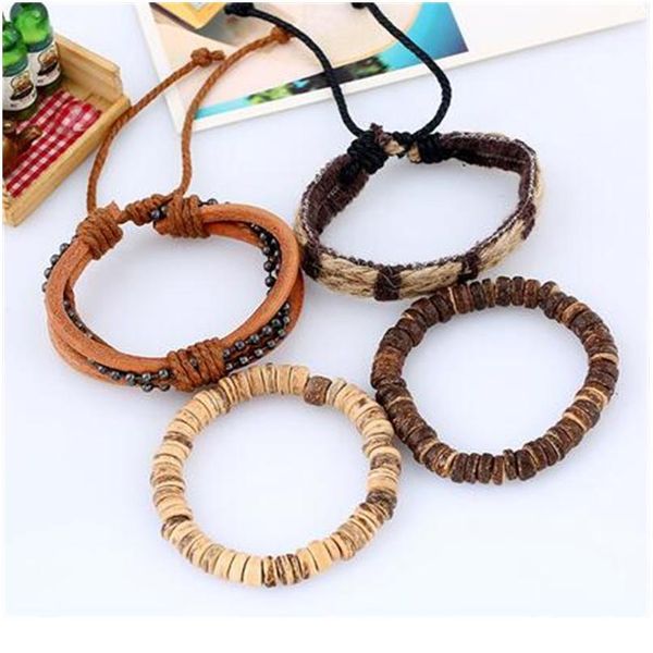

4pcs/ set braided wrap leather bracelets for men women vintage wooden beads ethnic tribal wristbands bracele wmtpka, Golden;silver