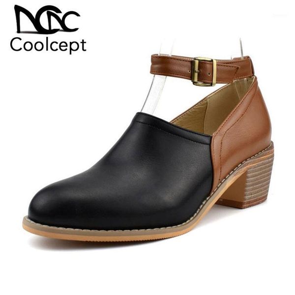 

coolcept size 34-48 casual work pumps spring buckle retro pumps round toe patchwork shoes women daily vacation footwear1, Black