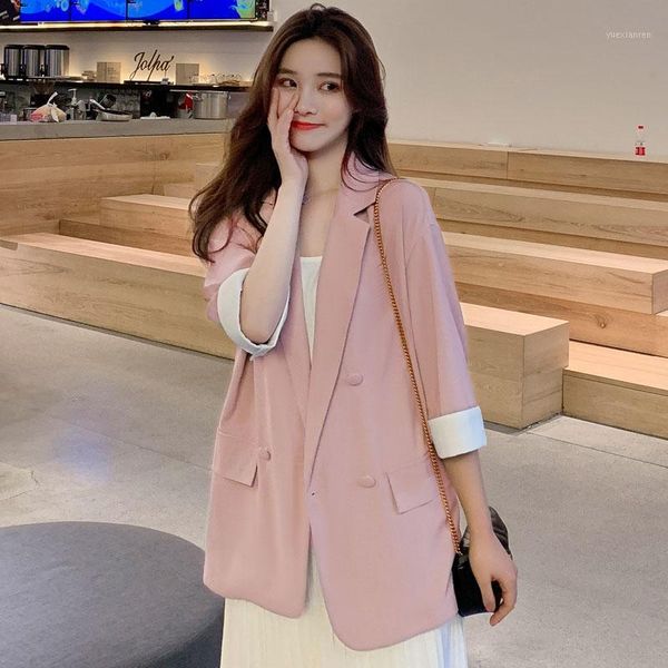 

2020 summer new chiffon small suit female seven-point sleeve korean pink chic net red casual loose thin coat slingtwo-piece1, White;black