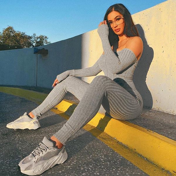 

hosen 2 stü sets frauen slash neck langarm crop and volley lunge splice fest beiläufige herbs zwei-stü, Gray
