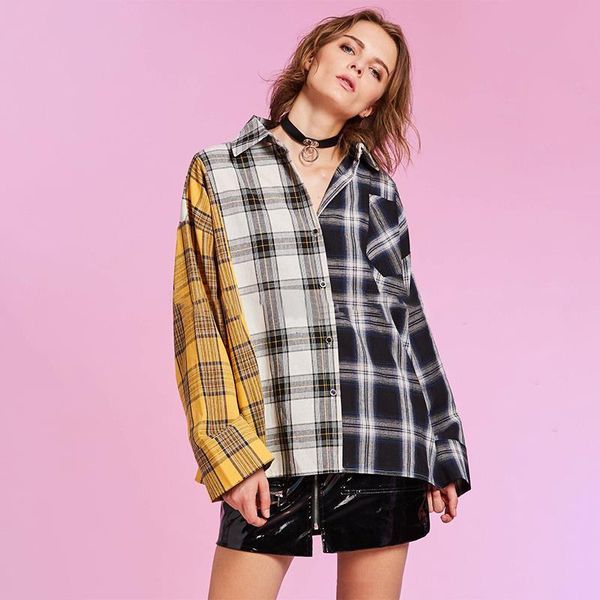 

spring shirt women plaid shirt cotton long sleeve regular patchwork blouse for girls casual korean fashion streetwear splice shirts, White