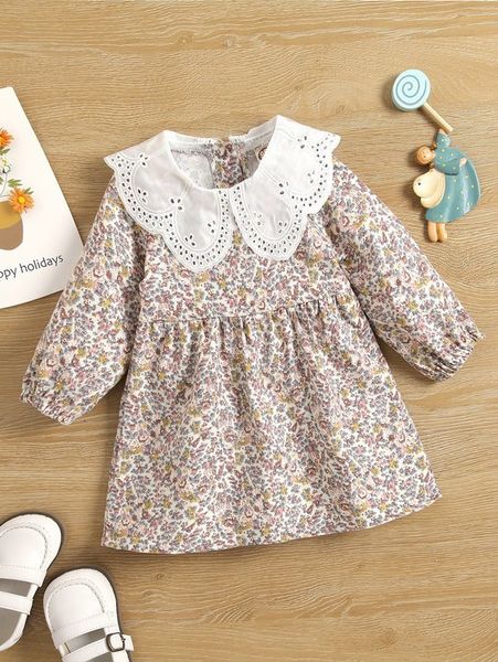 

baby ditsy floral eyelet embroidered statement collar bishop sleeve dress she, Red;yellow