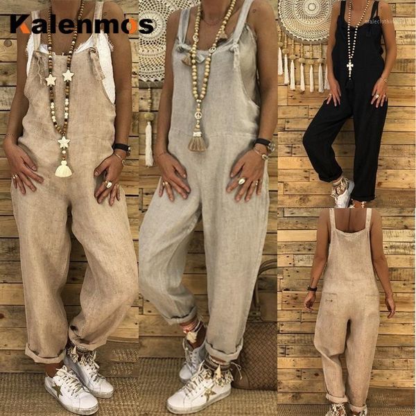

women's jumpsuits & rompers kalenmos jumpsuit women spaghetti strap cotton linen leisure slim overalls long bodysuit ropa loose plus si, Black;white