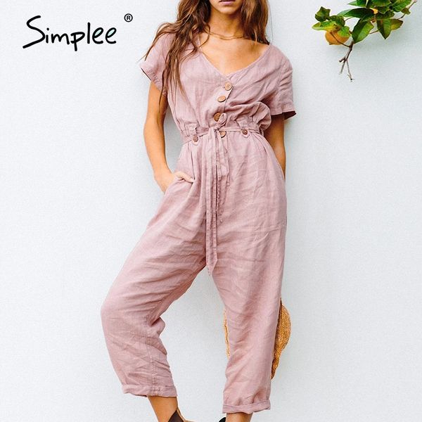 

simplee casual v neck sashes women jumpsuits short sleeve buttons cotton jumpsuit rompers spring summer office ladies overalls lj200831, Black;white