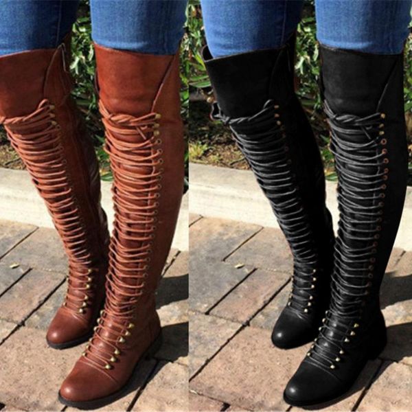 

outdoor women's boots classic round toe low-heeled lace-up knee shoes western knight long bota feminina women's shoes boots #40, Black