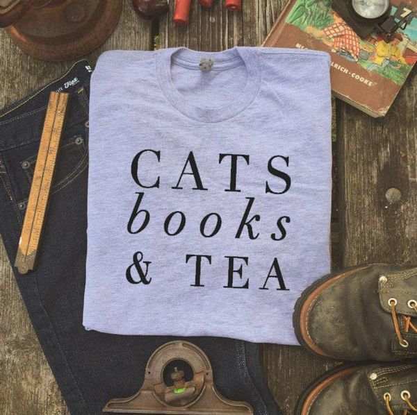 

cats books and tea letters women tshirt cotton casual funny t shirt for lady yong girl tee drop ship s-206, White