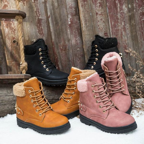 

women's winter snow boots plus size women's shoes college style short boots warm and velvet rivet cotton shoes botas de mujer, Black