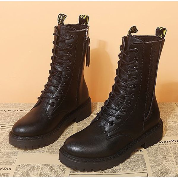 

2021 new women boots mid calf ladies shoes fashion pu leather autumn winter chunky non slip motorcycle shoe plush warm woman m6mu, Black