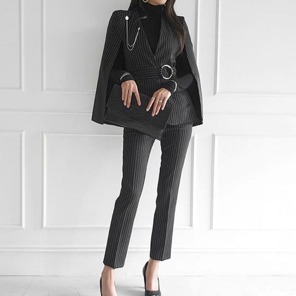 

work striped office lady dress suits 2 two piece sets elegant women cape + trousers femme work wear pant suits 2020 korea1, Gray