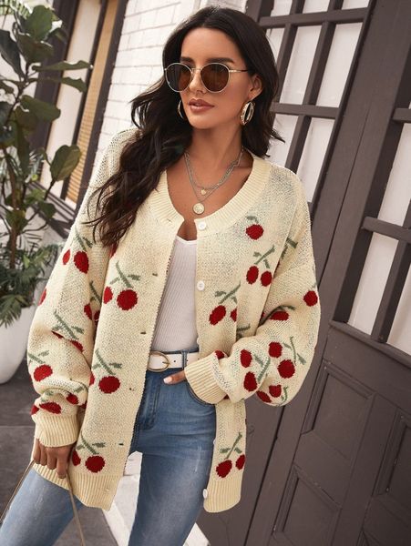 

drop shoulder cherry pattern cardigan q4l7#, White