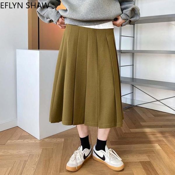 

2021 new korean retro plied chic women high waist an umbrella line elegant solid color midi harajuku black skirt b7g9