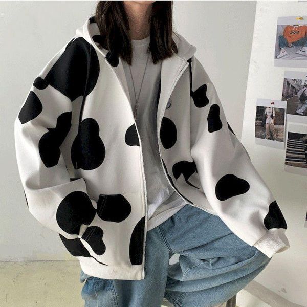 

women's jackets 2021 autumn winter korean coat cow print loose student couple outfit fashion women clothing oversize clothes goth kwaii, Black;brown