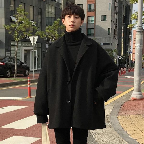 

men's wool & blends 2021 men autumn winter jackets long solid color single-breasted trench coat male loose casual korea style clothing, Black