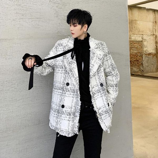 

double breasted plaid blazer fashion men's suit mens blazer double breasted masculino mens fashion korean kk50xx1, White;black