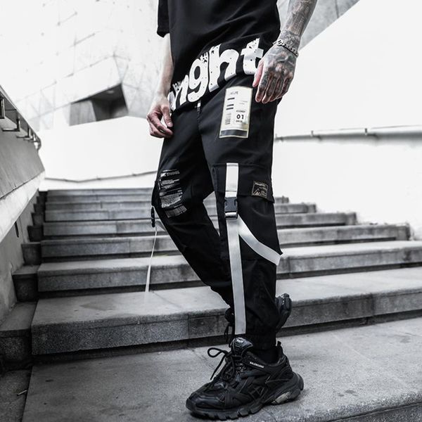 

harajuku casual joggers male track streetwear trouser men multi pockets cargo pants men hip hop pants ribbons summer1, Black