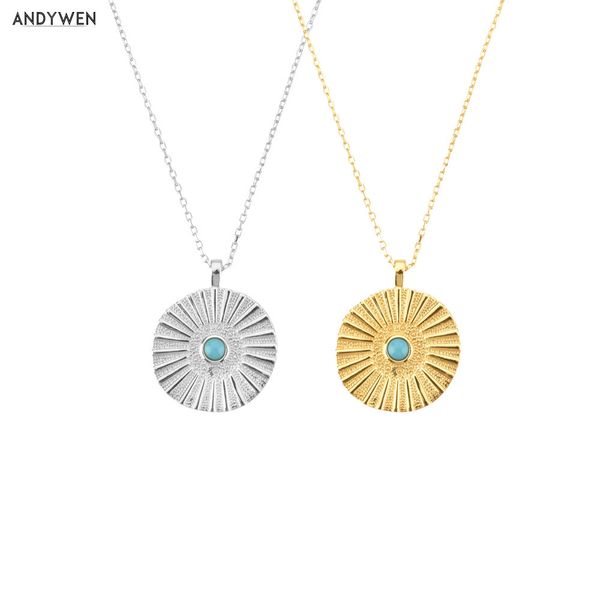 ANDYWEN Nuovo Argento Sterling 925 Oro Turchese Gemme Monete Ciondolo Collana a lunga catena 2020 Moda Donna Gioielli Regalo Party Rock Q0531