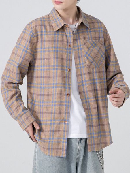 

men tartan print pocket patched shirt b66b#, White;black