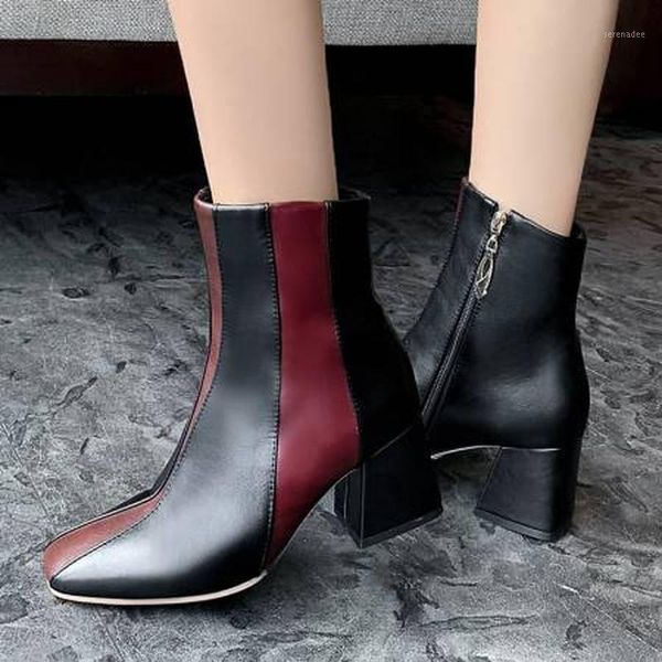 

autumn and winter new color matching thick heel women's boots square head party fashion short boots plus size 34-48 high 7cm1, Black