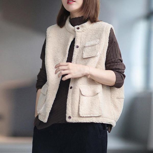 

women's vests johnature autumn winter loose leisure all-match vest coat 2021 simple comfortable pockets single breasted women, Black;white