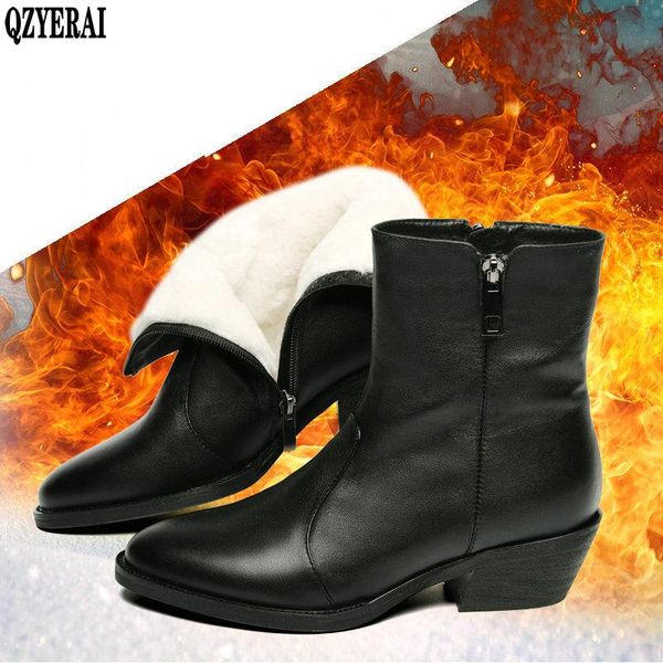

winter boots women genuine leather natural fur snow boots women waterproof black platform block wool heel shoes for ladies