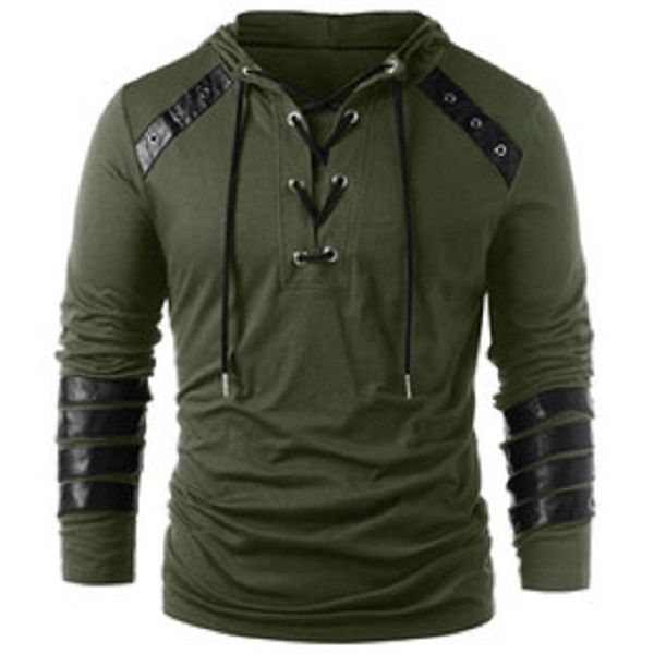 

men's fashion faux leather lace up hoodie for boyfriend new style drawstring hoodie pullover sweatshirt full sleeves, Black