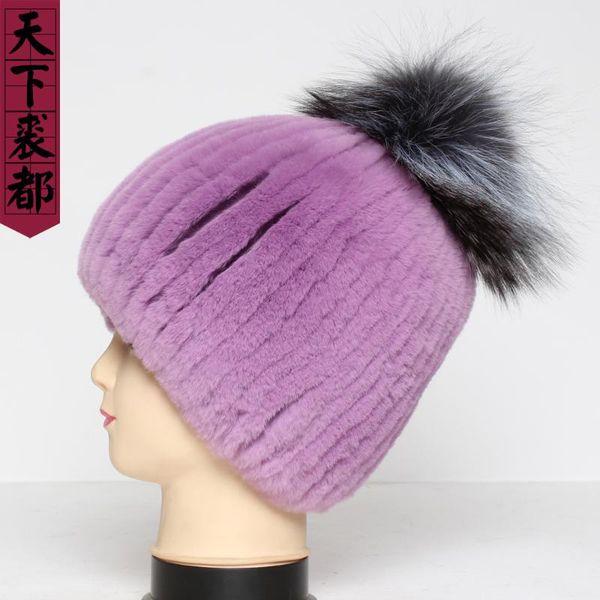 

New Winter Women Genuine Real Rex Fur Hat Lady Good Elastic Big Silver Fur Ball Caps Fashion 100%Natural Hats