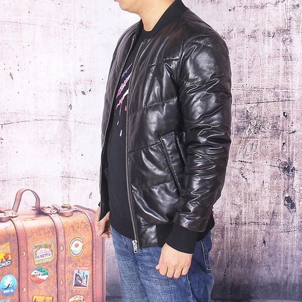 

winter men slim fit white duck down pilot jacket luxury sheepskin genuine leather bomber jacket thick warm motorcycle coats 4xl1, Black