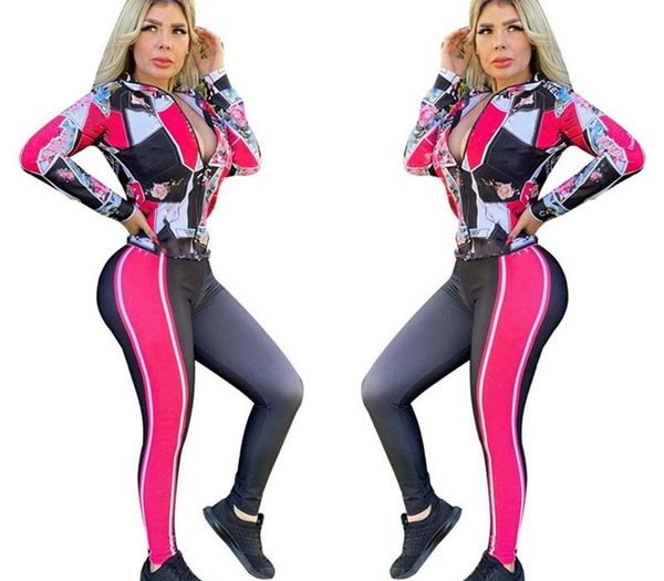 

women jacket long sleeve outfits two piece set cardigan tracksuit zipper coat outerwear fashion print womens legging pants klw3716, Gray