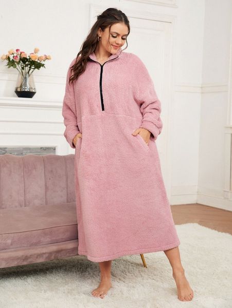

plus half zip dual pocket drop shoulder flannel night dress s0xv#, Black;white