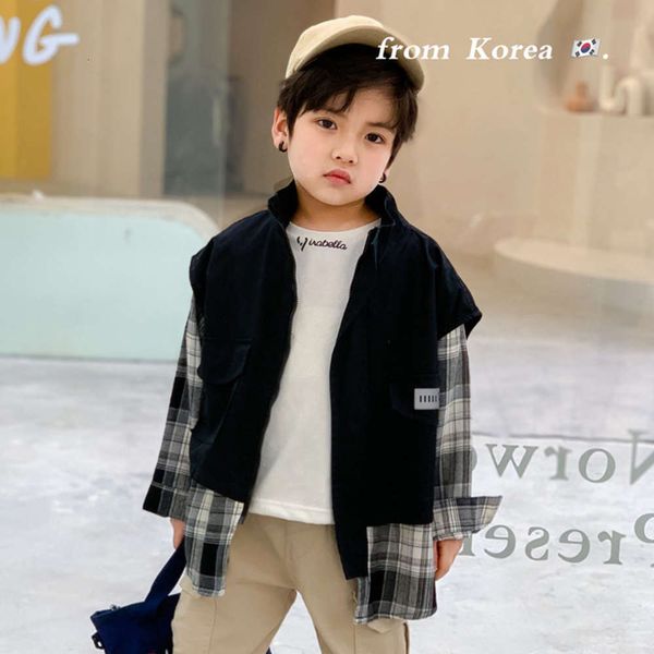

two 2021 spring fake new boys' piece plaid stitched children's cardigan et fashion 7pwh, Black