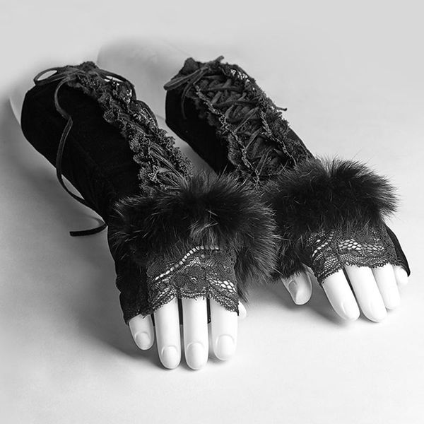 

five fingers gloves gothic women' black velvet court party halloween arm, Blue;gray