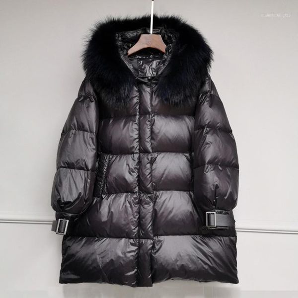 

women's down & parkas janveny 90% white duck jackets for women 2021 winter jacket female loose long shiny natural raccoon fur hooded co, Black