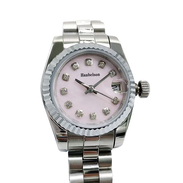 

2813 automatic movement lady watch sapphire glass small size 26mm women diamond pink shell dial bezel stainless steel wristwatch, Slivery;golden