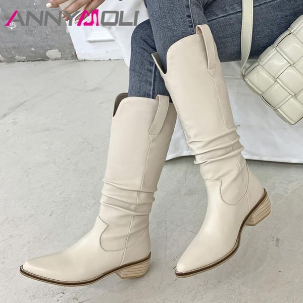 

annymoli западная boots женская обувь плиссе натуральной кожи середины пятки длинные сапоги острым носом коренастый пятки колено высокие чер, Black