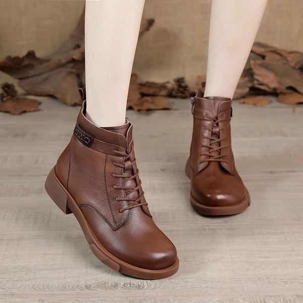 

women boots genuine leather shoes woman vintage ankle boots motorcycle female autumn winter british wind botas mujer #314p, Black