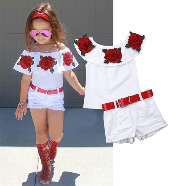 

1-7y infant kids baby girl clothes sets 2019 summer fashion off shoulder 3d rose flower cotton skirt outfit set lj200819, White