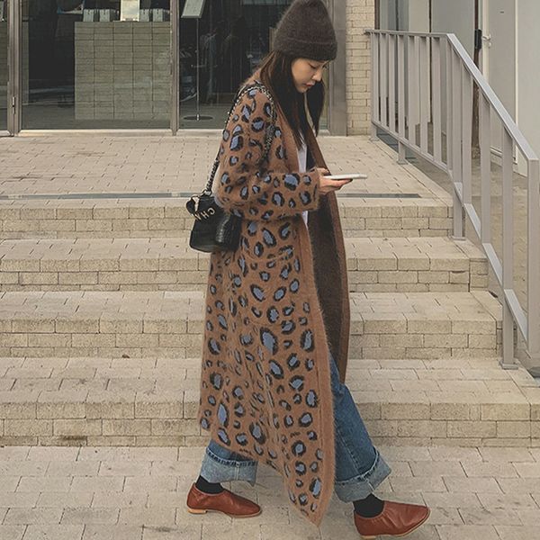 

johnature new leopard knitted women korean loose long coats 2020 autumn winter cardigan warm female trench coats 1031, Tan;black