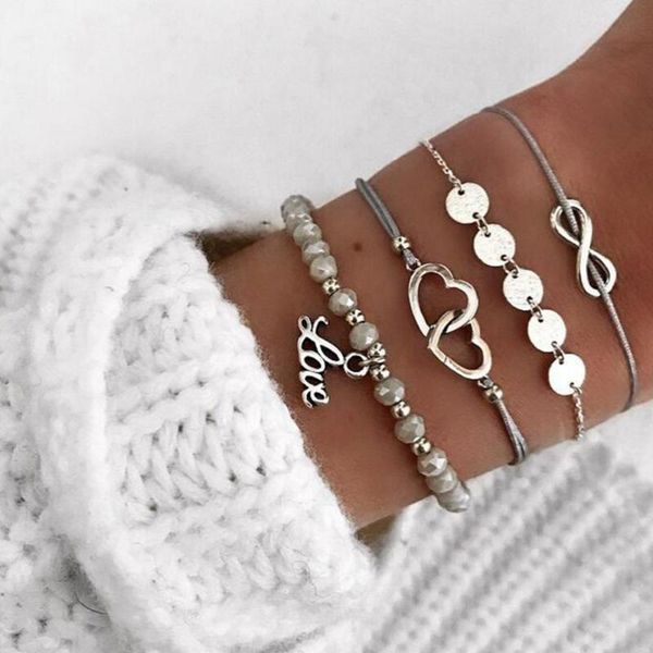

link, chain 4 piece bohemia boho women girl lady female silver color infinity 8 bracelet, love charm heart pendant bracelet, Black