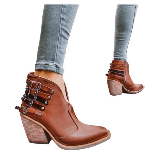 

boots women's automn winter zip up ladies outdoor pointed toe square heels shoes leather women 2021 thick wool line, Black