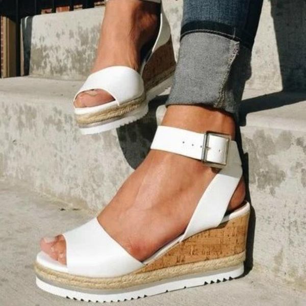 

summer women sandals platform wedges heel pu leather peep toe ankle buckle casual beach female ladies shoes zapatos de mujer, Black