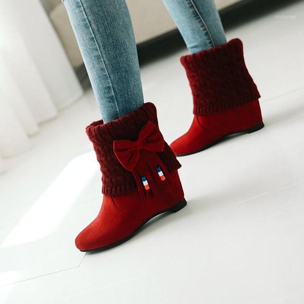 

boots big size 11 12 13 lady round head is flat with fashionable and recreational keep warm bowknot tassel inside heighten ankle boot1, Black