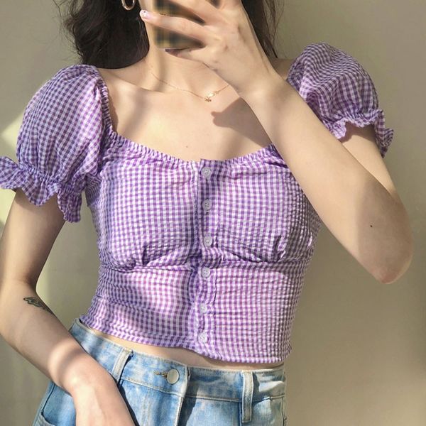

classic plaid print fashion sweet ruffles sleeves t shirt women's square collar sleeve short t-shirt, White