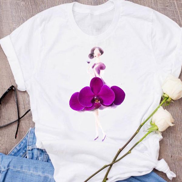

women graphic short sleeve elegant cute 90s clothes floral flower lady clothing female tees print t shirt womens t-shirt, White