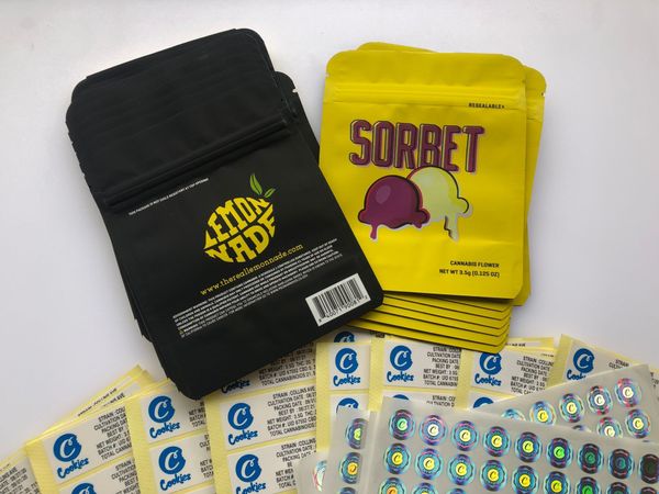 

bags mylar yellow sorbet cookies and proof medicated hologram stickers bags flavors smell local label bags edibles bbyvd bde_luck