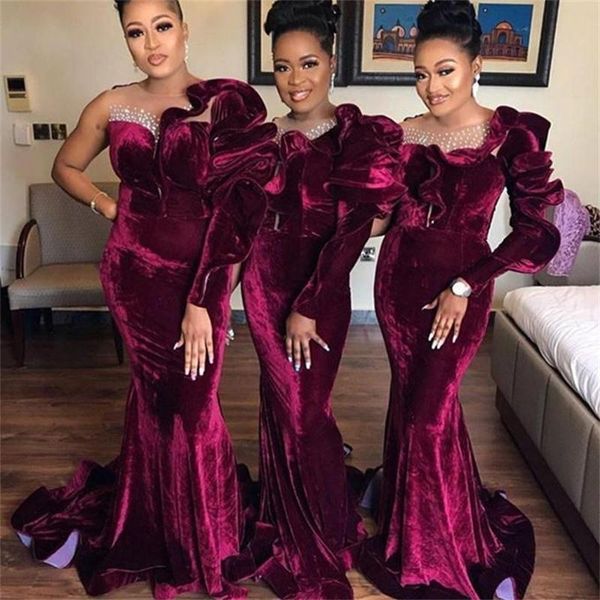 Элегантные Burgundy Velvet Bridesmaid платья плюс размер одного плеча оборками русалка выпускные вечера вечерние платья шеи горничная честь платья