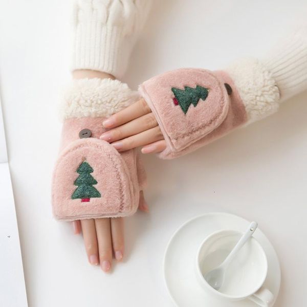 

2020 new women' glove winter half finger gloves cartoon thick plush gloves cotton mittens keeping warm winter guantes luva, Blue;gray