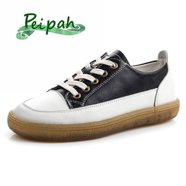

peipah women's sneakers genuine leather shoes woman lace- up flats female casual solid flats ladies cross-tied shoes plus size 1006, Black;white