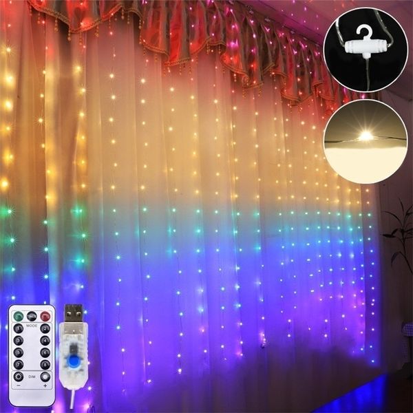 1.5 * 2M LED Rainbow Cortina Luz USB Ocho Modo de función Luces de hadas Cadena Navidad Boda Fiesta Interior Decoración al aire libre 201201