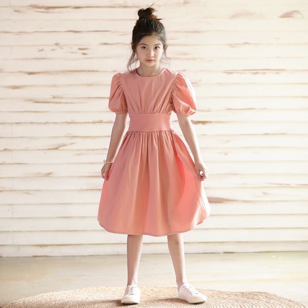 

ygvwy 2020 princess korean summer new dress neck bubble sleeve boy solid color waist slim girl round princess dress big pink t6a0j, Black;gray